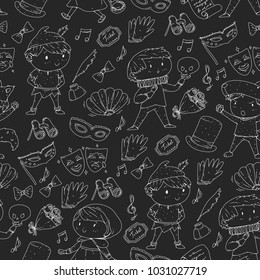 Children theatre patterns. Elements for design on the theatre. Collection of kids theatre symbols: mask, ticket, binocular. KIndergarten or school children perfomance. Doodle icons. Vector.