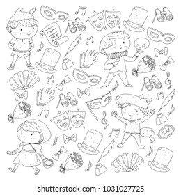 Children theatre patterns. Elements for design on the theatre. Collection of kids theatre symbols: mask, ticket, binocular. KIndergarten or school children perfomance. Doodle icons. Vector.