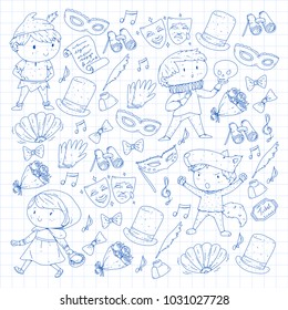 Children theatre patterns. Elements for design on the theatre. Collection of kids theatre symbols: mask, ticket, binocular. KIndergarten or school children perfomance. Doodle icons. Vector.