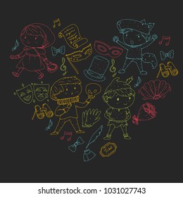 Children theatre patterns. Elements for design on the theatre. Collection of kids theatre symbols: mask, ticket, binocular. KIndergarten or school children perfomance. Doodle icons. Vector.