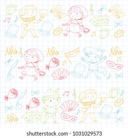Children theatre patterns. Elements for design on the theatre. Collection of kids theatre symbols: mask, ticket, binocular. KIndergarten or school children perfomance. Doodle icons. Vector.