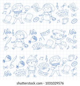 Children theatre patterns. Elements for design on the theatre. Collection of kids theatre symbols: mask, ticket, binocular. KIndergarten or school children perfomance. Doodle icons. Vector.