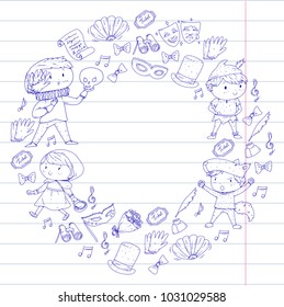 Children theatre patterns. Elements for design on the theatre. Collection of kids theatre symbols: mask, ticket, binocular. KIndergarten or school children perfomance. Doodle icons. Vector.