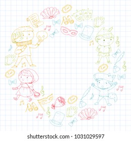 Children theatre patterns. Elements for design on the theatre. Collection of kids theatre symbols: mask, ticket, binocular. KIndergarten or school children perfomance. Doodle icons. Vector.