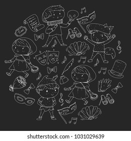 Children theatre patterns. Elements for design on the theatre. Collection of kids theatre symbols: mask, ticket, binocular. KIndergarten or school children perfomance. Doodle icons. Vector.