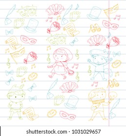 Children theatre patterns. Elements for design on the theatre. Collection of kids theatre symbols: mask, ticket, binocular. KIndergarten or school children perfomance. Doodle icons. Vector.