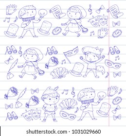 Children theatre patterns. Elements for design on the theatre. Collection of kids theatre symbols: mask, ticket, binocular. KIndergarten or school children perfomance. Doodle icons. Vector.