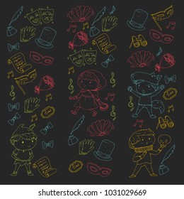 Children theatre patterns. Elements for design on the theatre. Collection of kids theatre symbols: mask, ticket, binocular. KIndergarten or school children perfomance. Doodle icons. Vector.