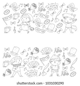 Children theatre patterns. Elements for design on the theatre. Collection of kids theatre symbols: mask, ticket, binocular. KIndergarten or school children perfomance. Doodle icons. Vector.