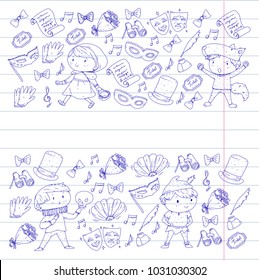 Children theatre patterns. Elements for design on the theatre. Collection of kids theatre symbols: mask, ticket, binocular. KIndergarten or school children perfomance. Doodle icons. Vector.