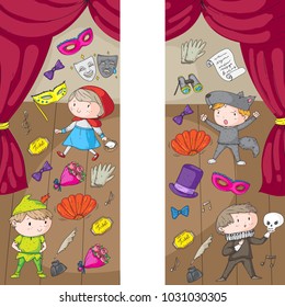 Children theatre patterns. Elements for design on the theatre. Collection of kids theatre symbols: mask, ticket, binocular. KIndergarten or school children perfomance. Doodle icons. Vector.