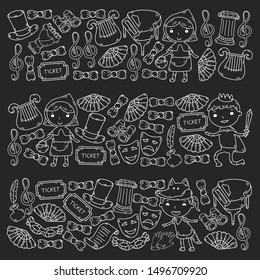 Children theatre patterns. Elements for design on the theatre. Doodles. Vector. Kindergarten children.