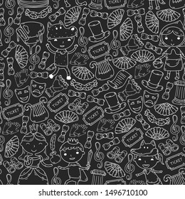Children theatre patterns. Elements for design on the theatre. Doodles. Vector. Kindergarten children. seamless