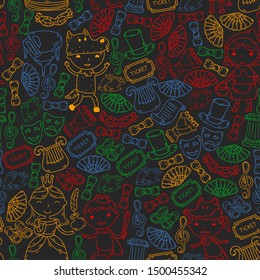 Children theatre patterns. Elements for design on the theatre. Doodles. Vector. Kindergarten children. seamless