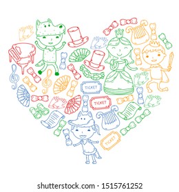 Children theatre patterns. Elements for design on the theatre. Doodles. Vector. Kindergarten children.