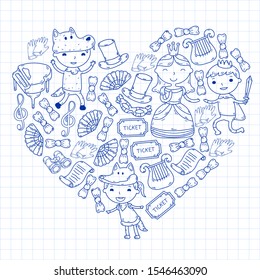 Children theatre patterns. Elements for design on the theatre. Doodles. Vector. Kindergarten children.