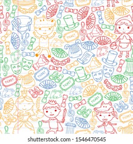 Children theatre patterns. Elements for design on the theatre. Doodles. Vector. Kindergarten children. seamless
