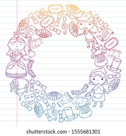Children theatre patterns. Elements for design on the theatre. Doodles. Vector. Kindergarten children.