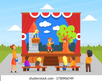 Children Theatre Performance, Kids Actors Performing On Stage With Red Curtains And Fairy Tale Castle Scenery Vector Illustration