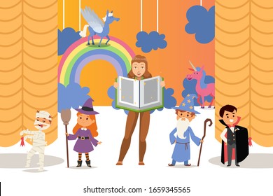 Children theatre performance vector illustration with kids cartoon characters in costumes on stage and woman holding book of fairy tales. Child as vampire, girl as witch, two boys as mummy and wizard.