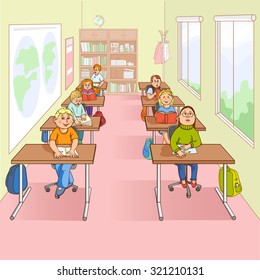 Children at their desks in classroom at school with copybooks and tutorials cartoon color paint vector illustration