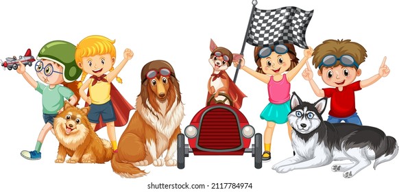Children with their dogs in cartoon style illustration