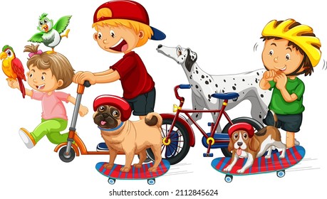 Children with their dogs and cats on white background illustration