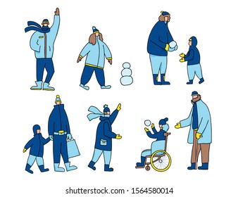 Children with their family playing with snow outdoors. Cute characters dressed in warm clothes have fun together. Adult and young persons isolated on white background. Vector hand drawn illustration.