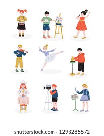 Children and their hobbies set, Boys and Girls Playing Music, Dancing, Singing, Cooking Hobby, Education, Creative Child Development Vector Illustration