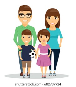 Children with their parents. Parents embrace their children. Little boy holding a ball. Close-knit family. In a flat style on a white background, cartoon.