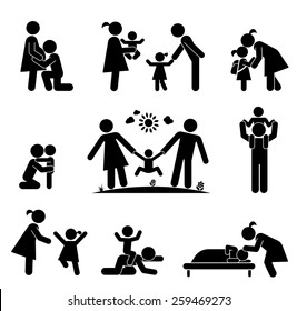 Children and their parents. Pictogram presenting parental love and care for children. Expecting baby, playing with children, hugging, preparing for school, putting children to bed.