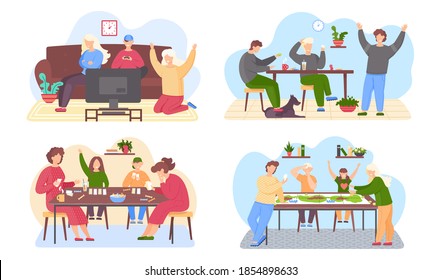 Children with their parents play a board game. Joint holidays at home. Set of illustrations on the theme of family pastime. Happy family spending evening time together. People with cards in hands