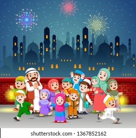 the children and their parents are playing in the night of Ramadan