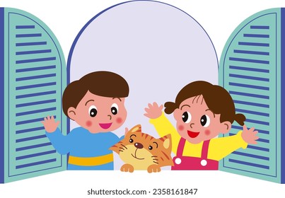 Los niños y sus mascotas abren felizmente la ventana