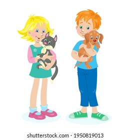 Children with their pets. A girl with a kitten and a boy with a cute puppy. In cartoon style. Isolated on white background. Vector flat illustration.