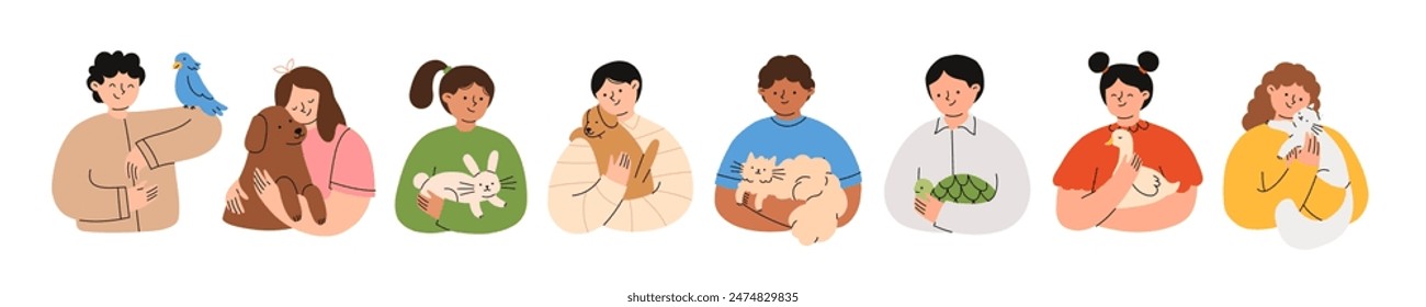 Niños con sus mascotas. Niños sosteniendo diferentes mascotas domésticas. Conjunto de propietarios de animales domésticos felices. Ilustraciones vectoriales planas