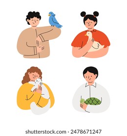 Children with their pets. Kids holding different home pets. Set of happy domestic animal owners. Flat vector illustrations