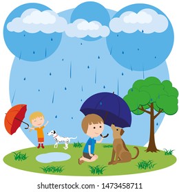 Children with their pets play fun in the rain. Boy and girl with umbrellas walk their dogs.
