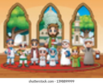 The children and their teacher are standing at the mosque