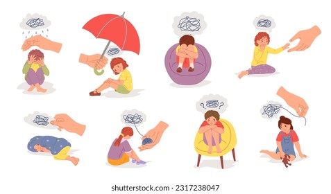 Terapia infantil. Apoyo infantil, desarrollo cognitivo y mental. Conjunto de ilustraciones vectoriales de trauma infantil y miedos. Personajes jóvenes preocupados o deprimidos reciben ayuda psicológica