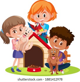 Children with thier pets isolated on white background illustration