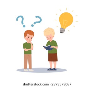 Los niños piensan y aprenden, ilustraciones vectoriales en blanco. Dos niños, signos de interrogación y bombillas, nuevas buenas ideas. Concepto de diseño para proyectos y educación infantil. Dibujo al estilo de caricatura plana.