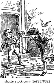 Children, this scene shows two children and tiny solider kept in boat floating on water, birds flying in background, vintage line drawing or engraving illustration