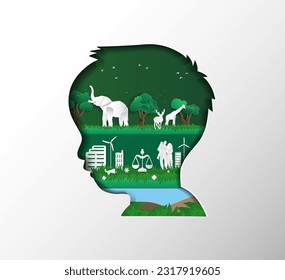 Children thoughts in the head about Eco, nature, family, Vector illustration on a white background, (ESG) environmental social governance And Universal children's day Paper cut art out style concepts.