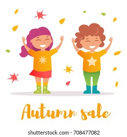 Children throw autumn leaves. Vector. Cartoon. Isolated art on white background. Flat
