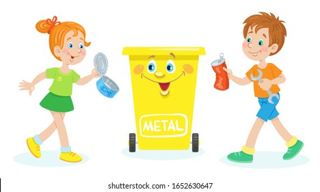 Children throw away metal trash in a yellow dustbin for recycling. Separate garbage collection. Waste sorting. In cartoon style. Isolated on white background. Vector illustration.