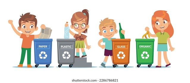 Children throw sorted trash in cans with recycling signs. School kids separating waste in plastic color dumpsters. Taking care of environment, cartoon flat illustration. Vector concept