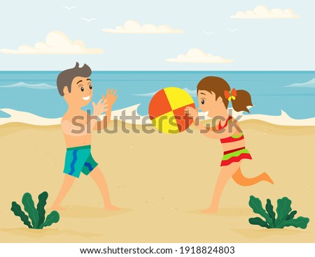 Children are throwing ball to each other on beach. Boy with girl playing volleyball on ocean. Cartoon characters doing sports in summer. Kids are having fun at sandy beach resort near sea together