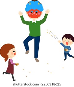 Children throwing beans for their father, who plays the role of a demon.