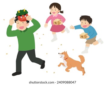 Children throwing beans with their father who plays the role of demon Setsubun